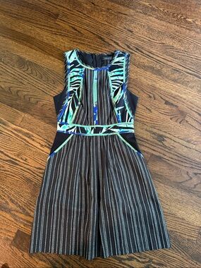 BCBGMaxAzria dress with Green & Blue Tropical Accents. Black